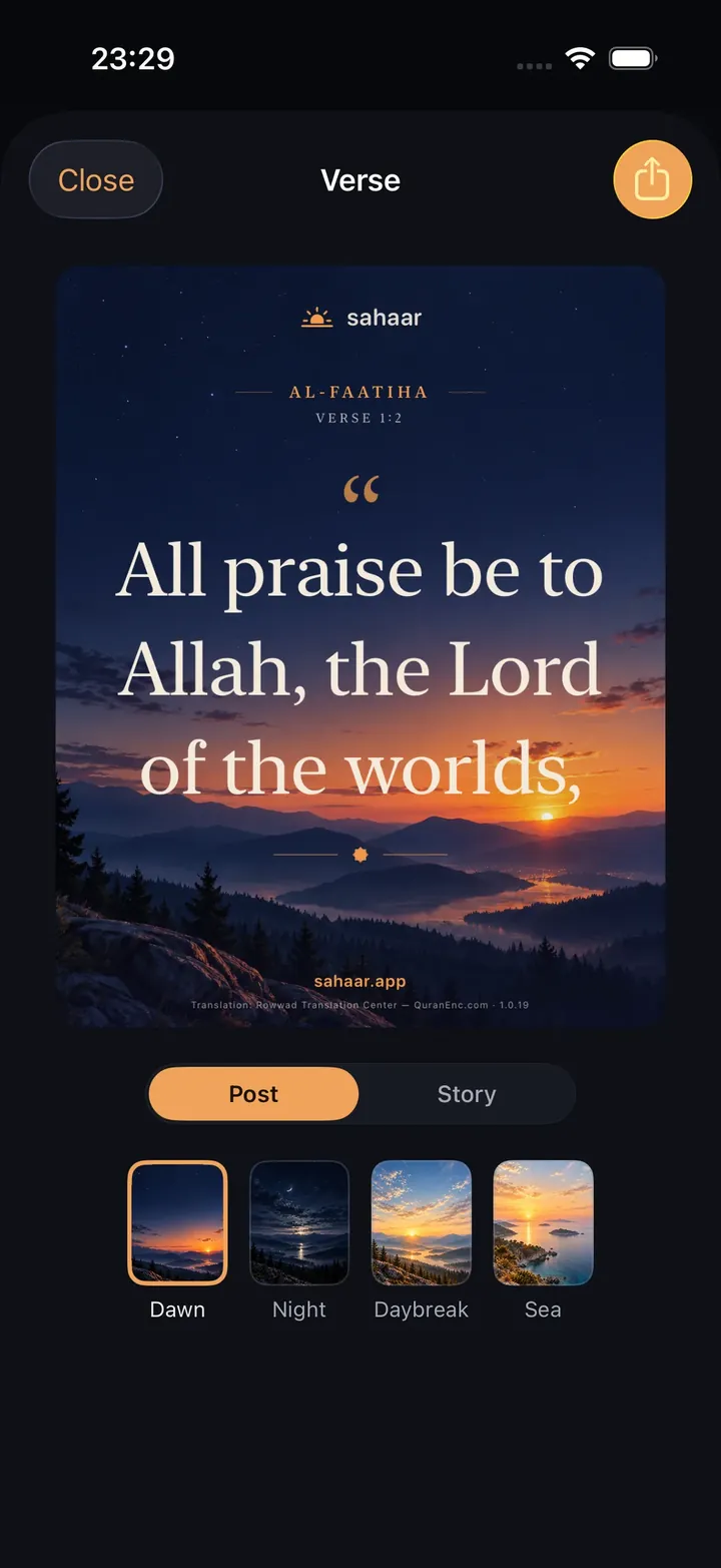 The verse share screen: Al-Faatiha verse 2’s translation, “All praise be to Allah, the Lord of the worlds”, on the Dawn background, with Post/Story and four background options below it.