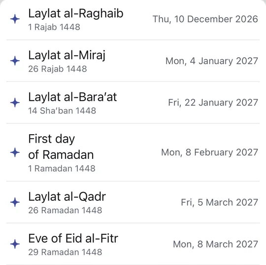 The Holy days list in Sahaar’s Calendar tab, Diyanet Hijri calendar: Laylat al-Raghaib on 10 December 2026, Laylat al-Miraj on 4 January 2027, Laylat al-Bara’at on 22 January 2027, the first day of Ramadan on 8 February 2027, Laylat al-Qadr on 5 March 2027 and the eve of Eid al-Fitr on 8 March 2027, each with its Hijri and Gregorian date.
