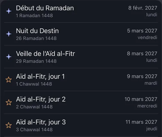 La liste des jours religieux dans l’onglet Calendrier de Sahaar, calendrier hégirien du Conseil européen de la fatwa : début du Ramadan le 8 février 2027, Nuit du Destin le 5 mars, veille de l’Aïd al-Fitr le 8 mars et les trois jours de l’Aïd al-Fitr du 9 au 11 mars 2027, chacun avec sa date hégirienne et grégorienne.