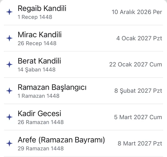 Sahaar’ın Takvim sekmesinde Dinî günler listesi, Hicri takvim Diyanet: Regaib Kandili 10 Aralık 2026, Mirac Kandili 4 Ocak 2027, Berat Kandili 22 Ocak 2027, Ramazan Başlangıcı 8 Şubat 2027, Kadir Gecesi 5 Mart 2027 ve Ramazan Bayramı arifesi 8 Mart 2027; her satırda Hicri ve Miladi tarih.