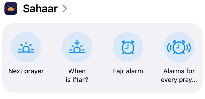 The Sahaar group in the Shortcuts app: Next prayer, When is iftar?, Fajr alarm, Alarms for every prayer.