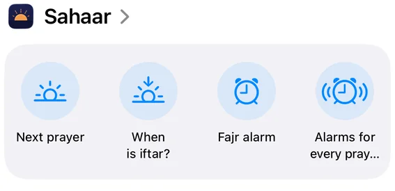 The Sahaar group in the Shortcuts app: Next prayer, When is iftar?, Fajr alarm, Alarms for every prayer.