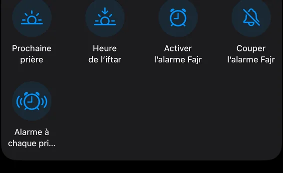 Le groupe Sahaar dans l’app Raccourcis : Prochaine prière, Heure de l’iftar, Activer l’alarme Fajr, Couper l’alarme Fajr et Alarme à chaque prière.