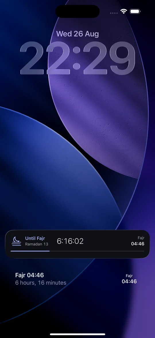 iPhone Lock Screen with the Sahaar Live Activity counting down to Fajr, with the Fajr time.