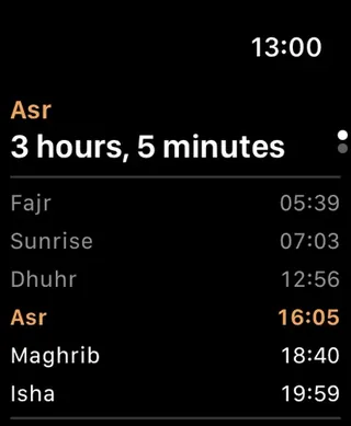 Sahaar on Apple Watch: today’s prayer times as a list, next prayer highlighted.