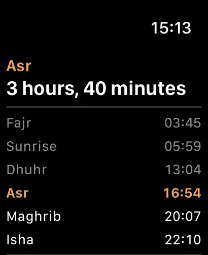 Sahaar on Apple Watch: today’s prayer times as a list, next prayer highlighted.