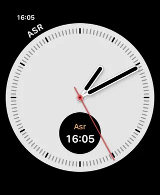 Apple Watch Infograph face with two Sahaar Next prayer complications: the corner and the sub-dial both read Asr 16:05.