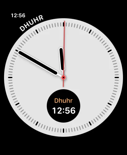 Apple Watch Infograph face with two Sahaar Next prayer complications: the corner and the sub-dial both read Dhuhr 12:56.