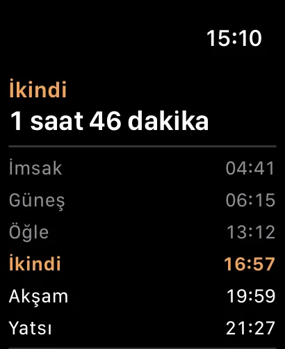 Apple Watch’ta Sahaar: bugünün vakitleri liste hâlinde, sıradaki vakit vurgulu.