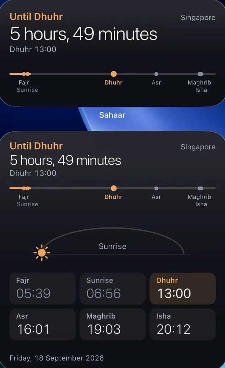 Both sizes of the Day Flow widget: the medium one on top (time left and the timeline), the large one below (plus the sun arc, all six prayer times and the date).