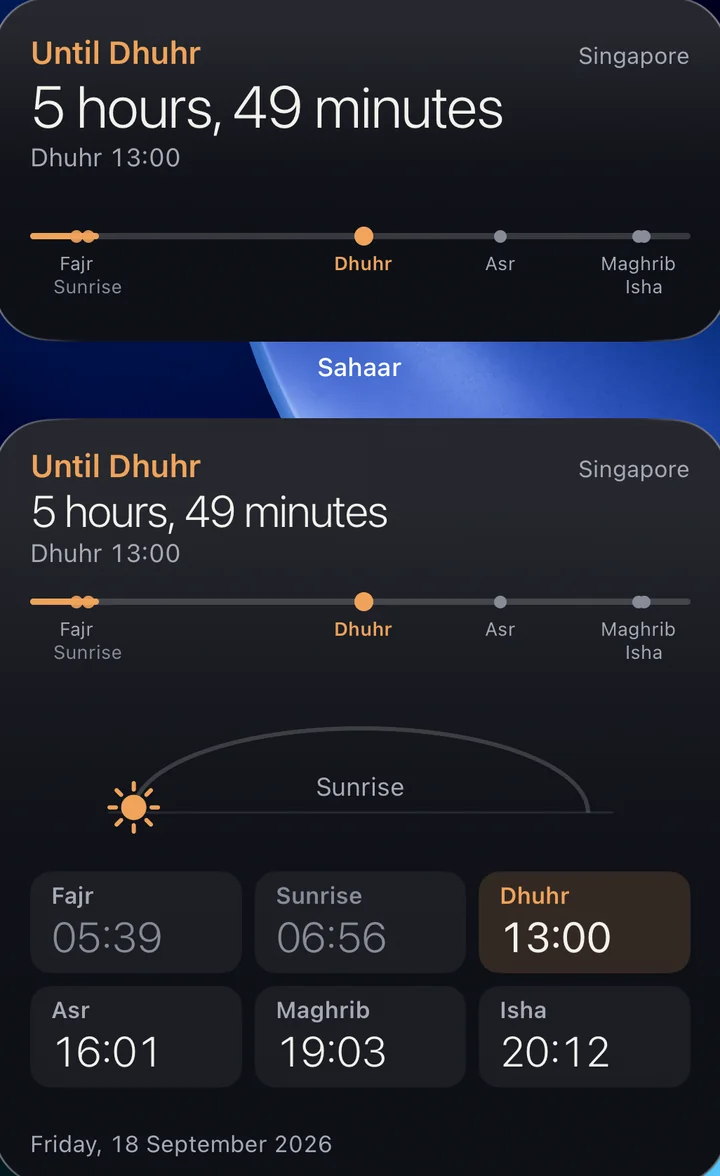 Both sizes of the Day Flow widget: the medium one on top (time left and the timeline), the large one below (plus the sun arc, all six prayer times and the date).