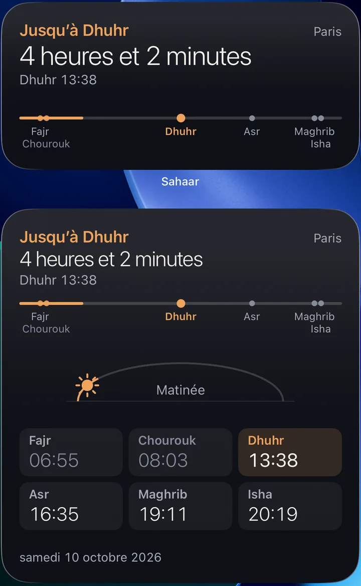 Les deux tailles du widget Déroulé du jour : le moyen en haut (temps restant et frise), le grand en dessous (avec en plus l’arc du soleil, les six horaires et la date).