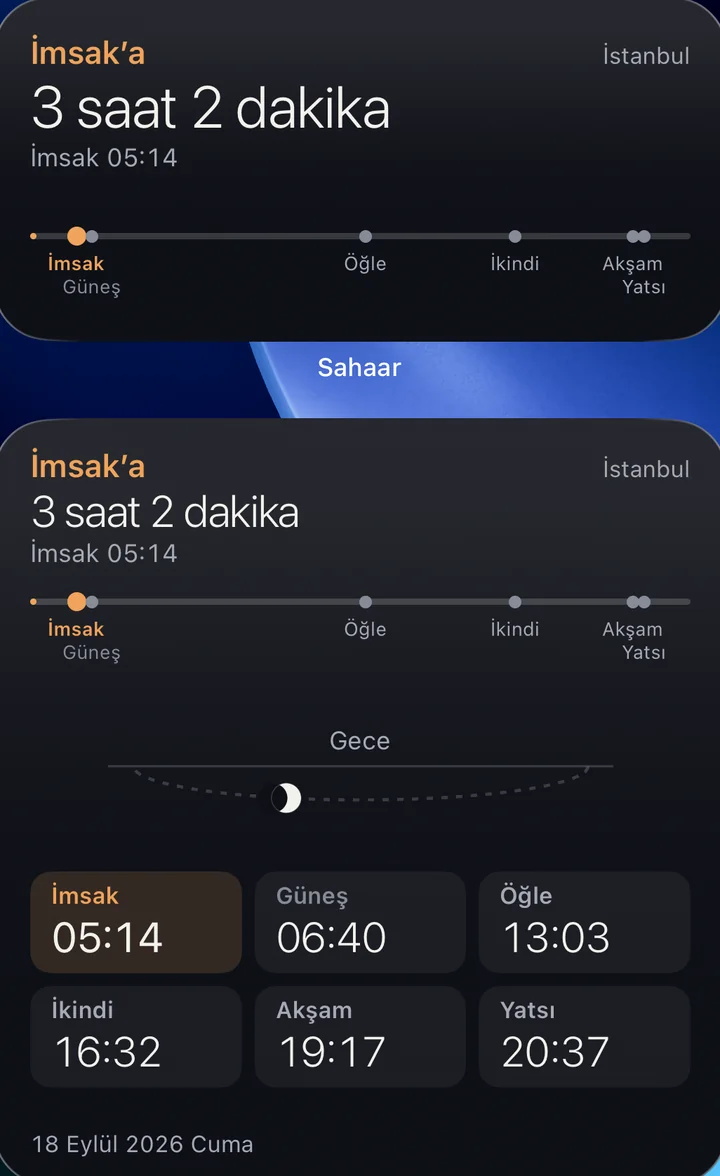 Gün akışı widget’ının iki boyu: üstte orta boy (kalan süre ve zaman çizgisi), altta büyük boy (ayrıca gecenin ay evresi, altı vaktin saatleri ve tarih).