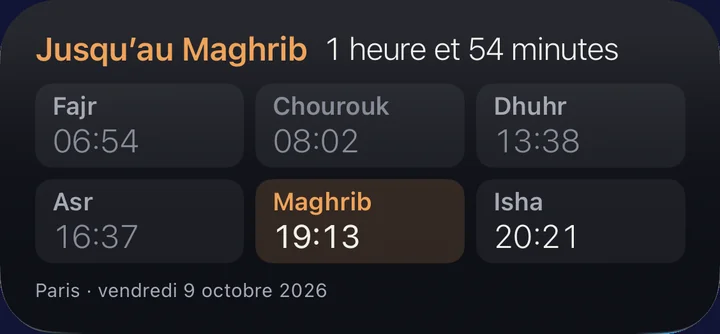 Le widget Horaires du jour : les six horaires, le prochain mis en évidence.