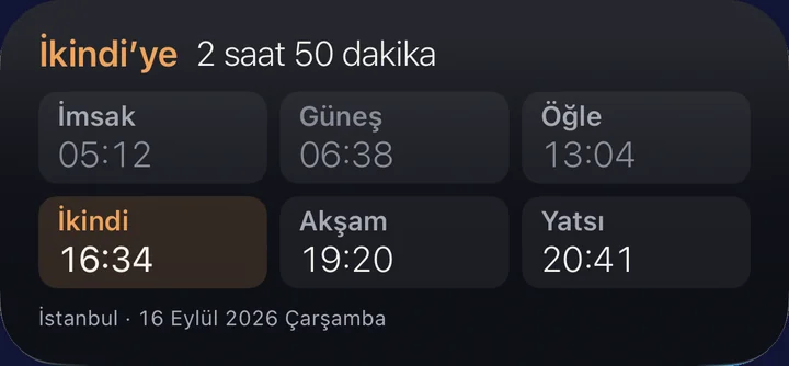 Günün vakitleri widget’ı: altı vakit, sıradaki vurgulu.