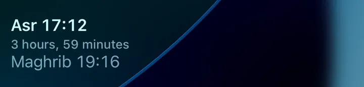 The Two Prayers widget on the Lock Screen: Asr 17:12, 3 hours 59 minutes to go, then Maghrib 19:16.