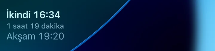Kilitli Ekran’da İki vakit widget’ı: İkindi 16:34, 1 saat 19 dakika kaldı, sonra Akşam 19:20.