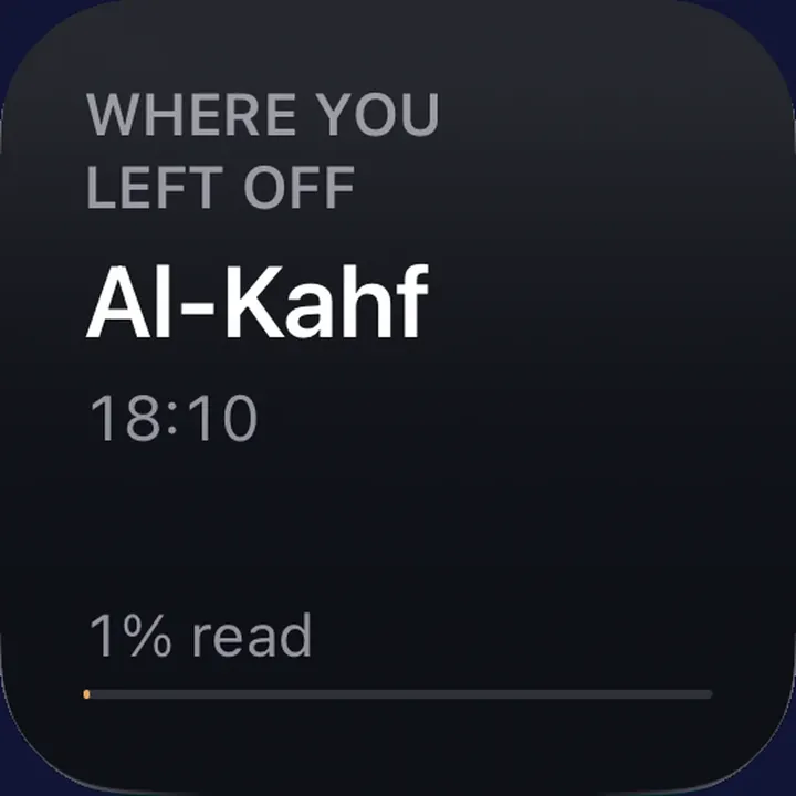 The Where you left off widget: the surah and verse you stopped at.