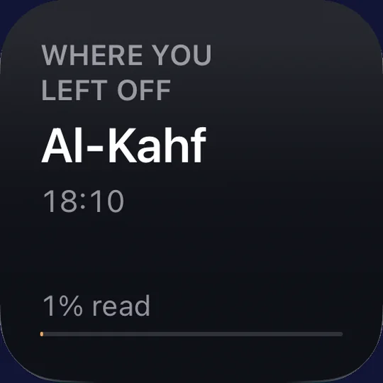 The Where you left off widget: the surah and verse you stopped at.