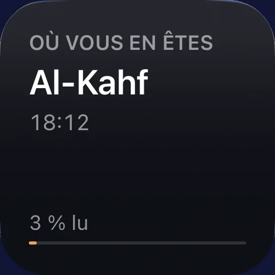 Le widget Où vous en êtes : la sourate et le verset où vous vous êtes arrêté.